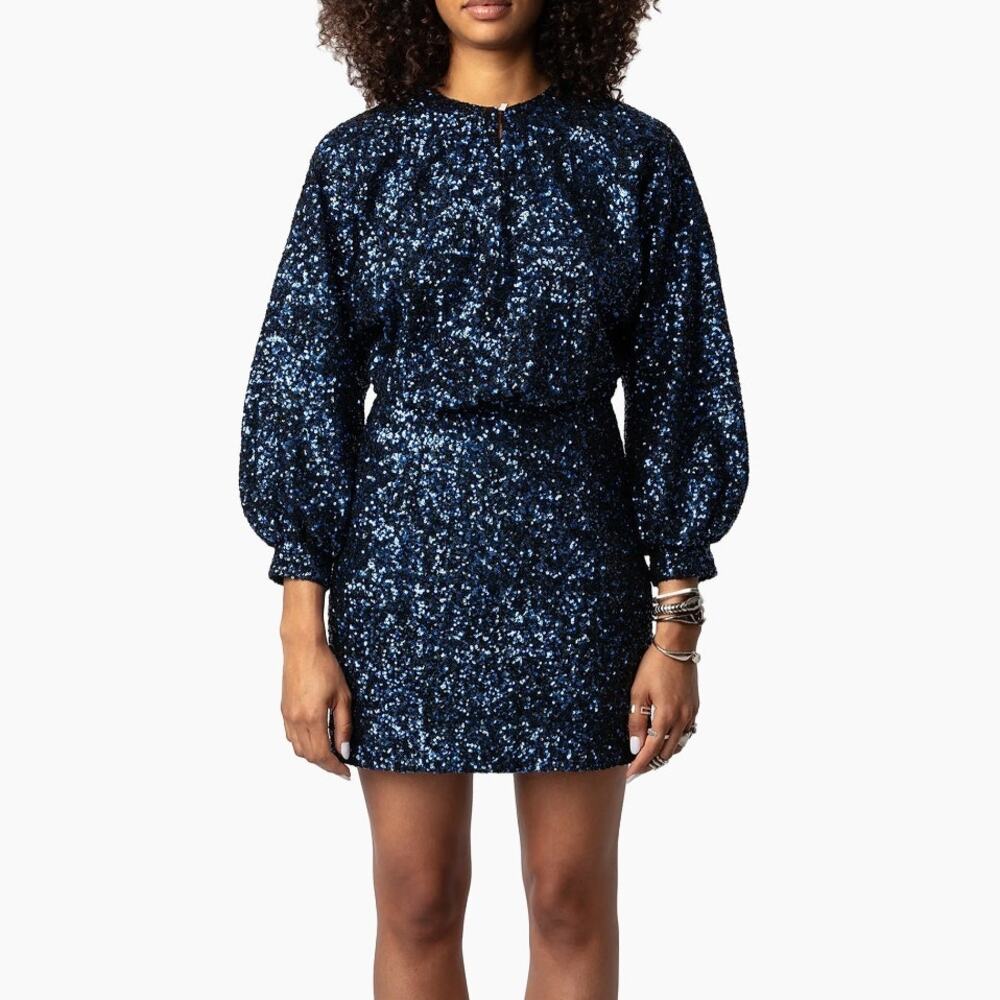 Zadig & Voltaire Party Dress Size Med Short Sequin Navy Blue Sparkly Long Sleeve